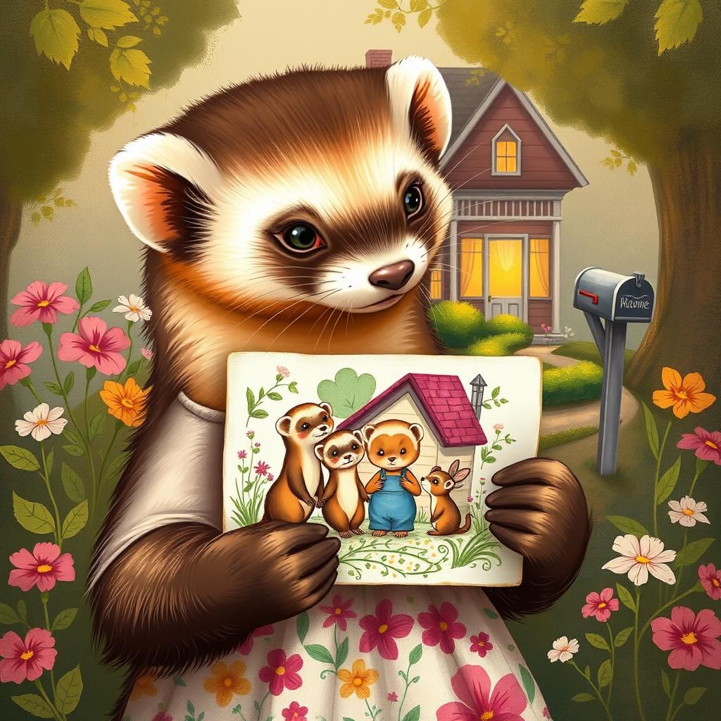 Ferret Mother Gazing at Family Artwork