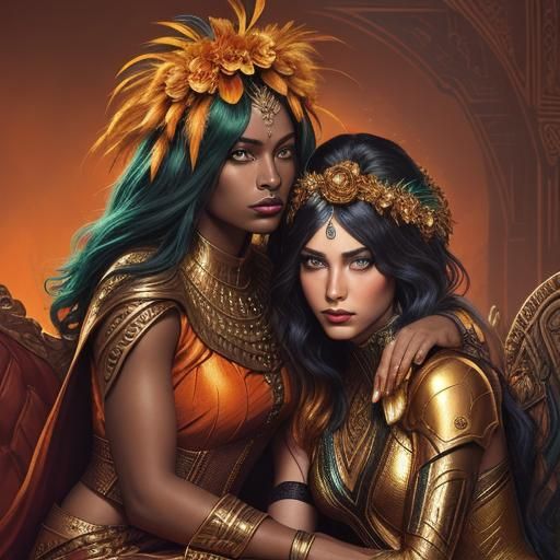 Golden Woman with Peacock Hair: Cinematic Art