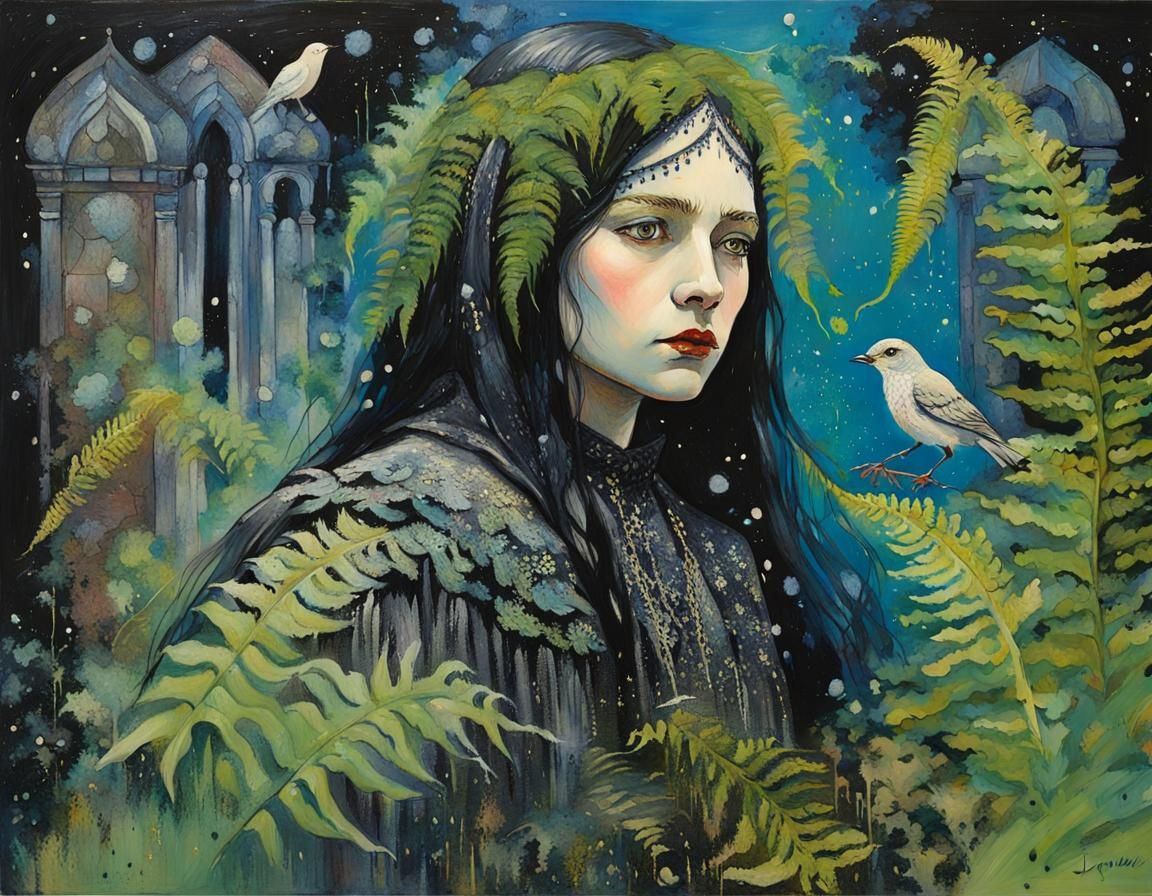 Gothic Maiden Portrait with Fern and Plant Motifs