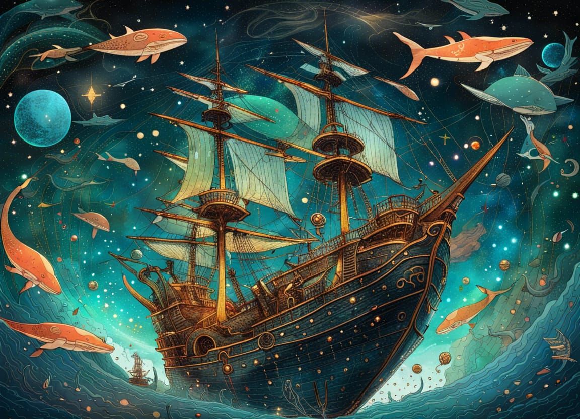 Pirate Ship Sails Space with Flying Whales