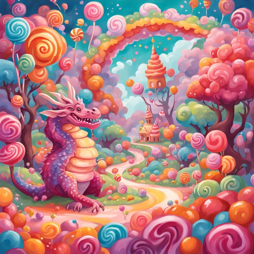 Whimsical Candyland Dragon in Gouache Painting Style