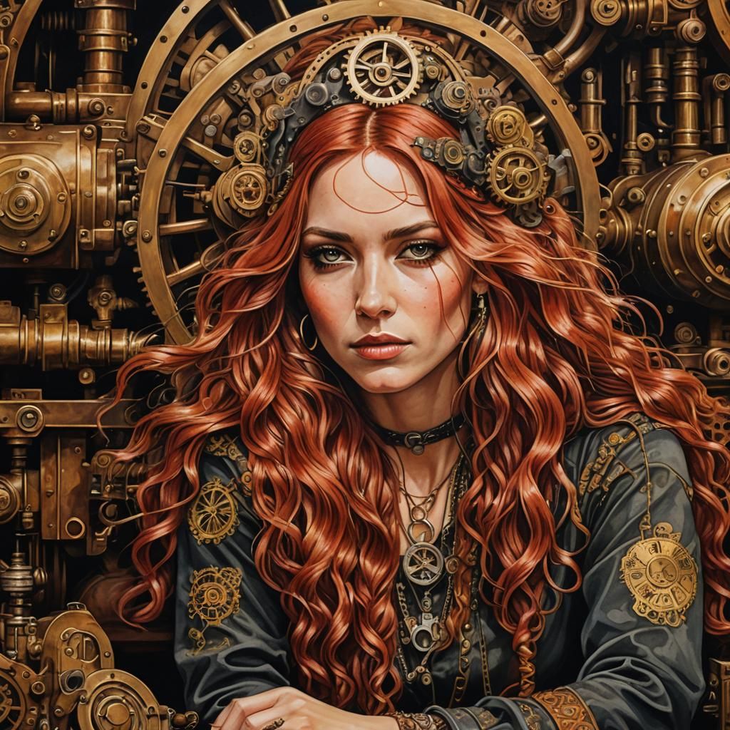 Hippie Woman with Steampunk Engine in Pop Art Style