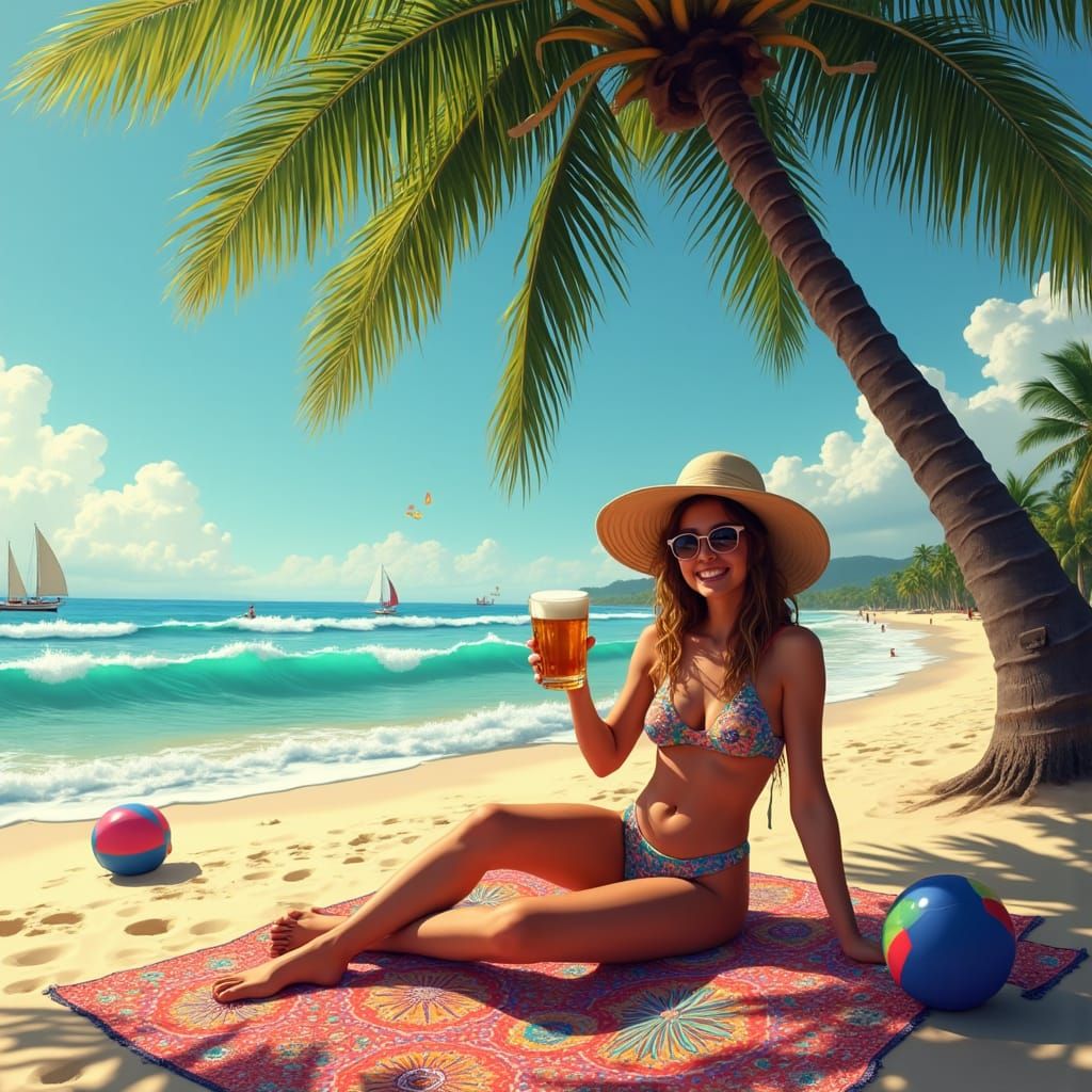 Joyful Russian Woman Sunbathing on Goa Beach