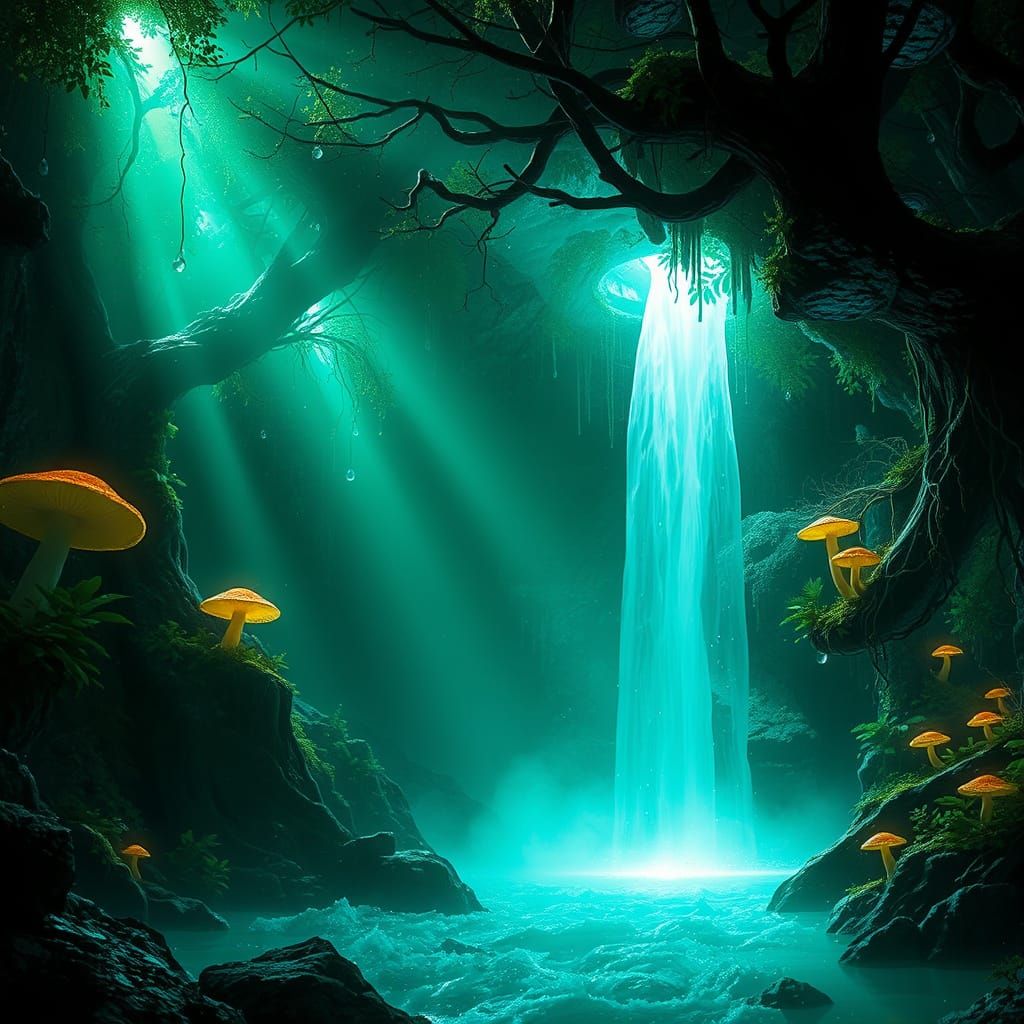 Mystical Cave Illuminated by Emerald Green Light
