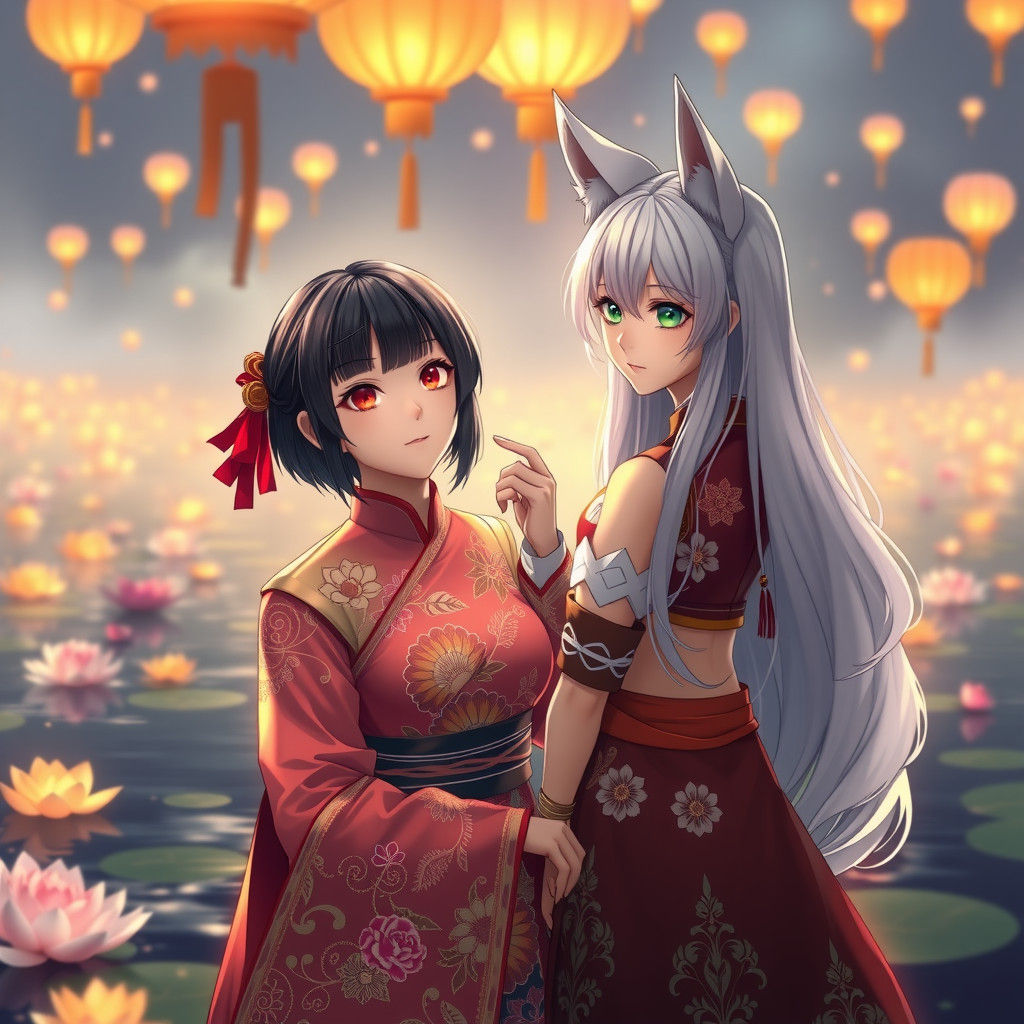 Loy Krathong Festival: Two Women in Anime Style