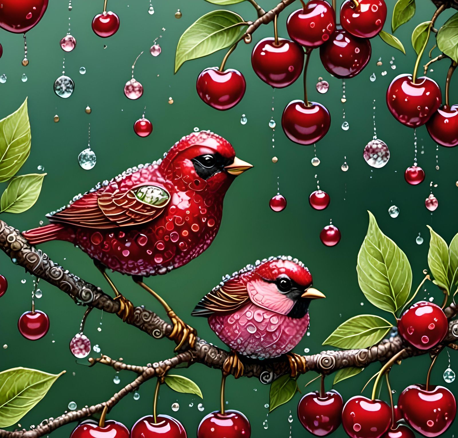 Heart-Shaped Cherries and Red Bird on Cherry Tree