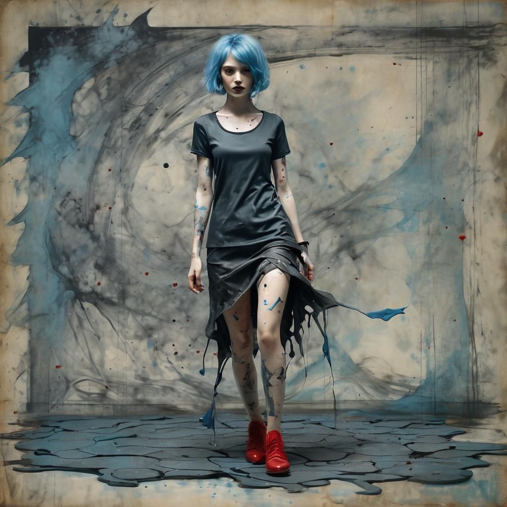 Gothic Dancer on Molten Landscape in Film Noir Style