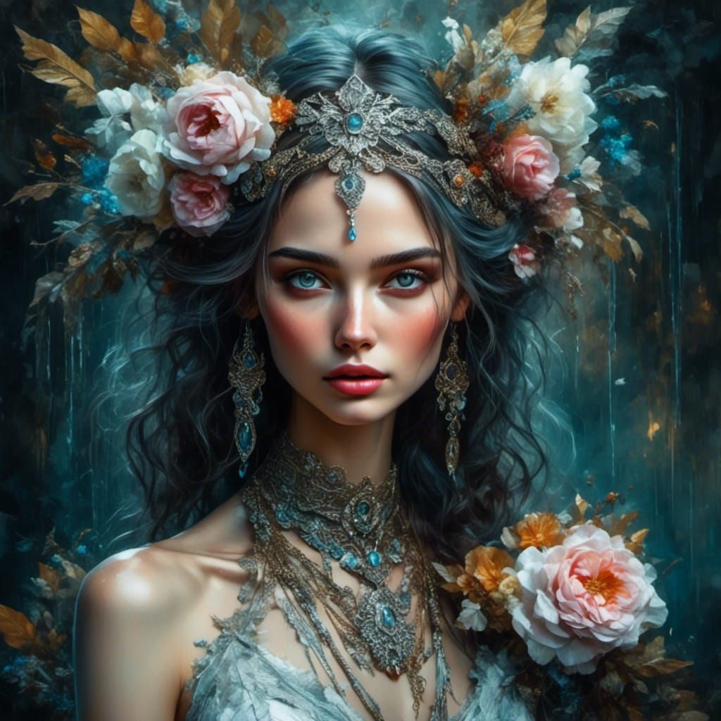 Exotic Goddess Bride with Waterfalls and Flowers