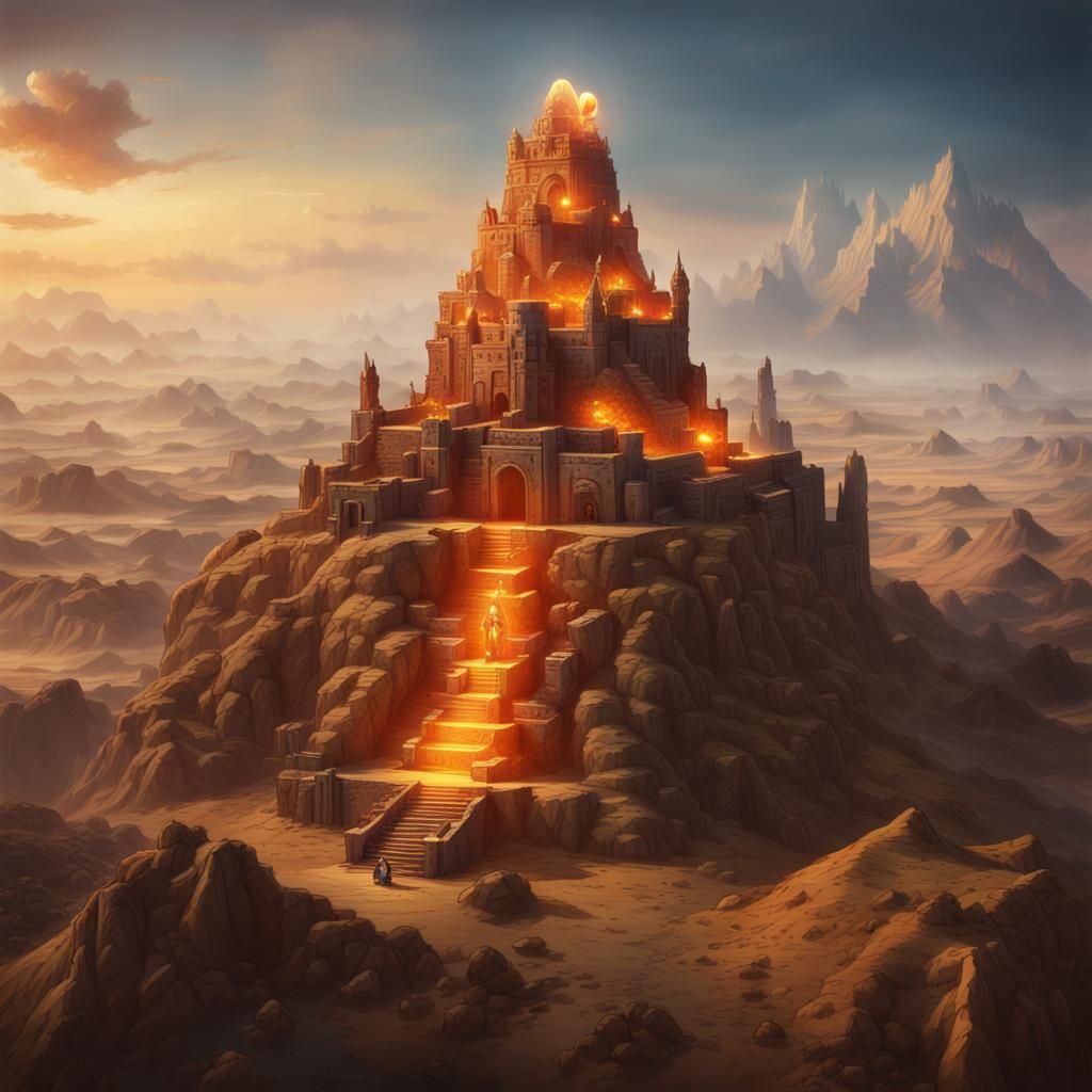 Dwarven King on Ziggurat with Glowing Crystal