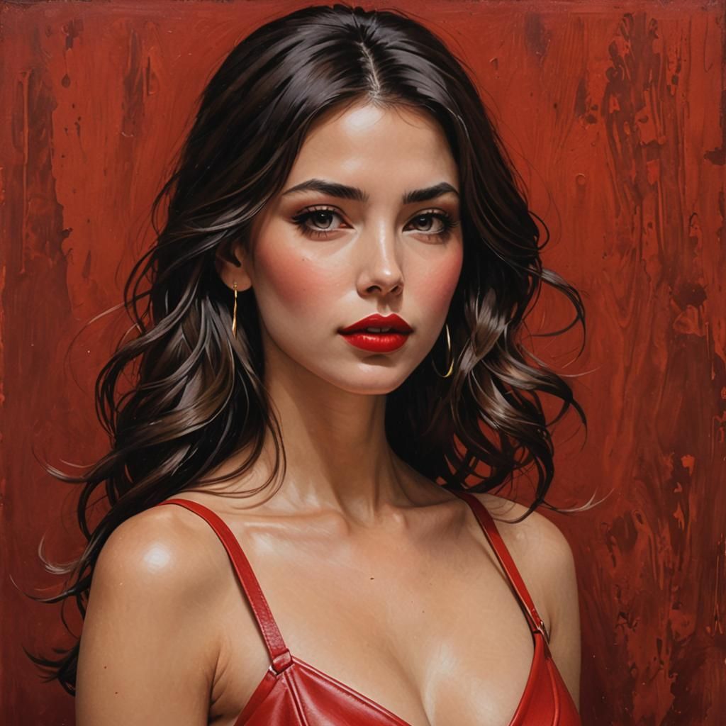 Semi-Realistic Portrait of a Red-Haired Woman in a Cherry Bl...