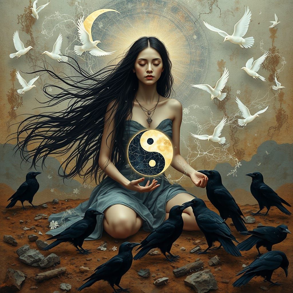 Woman Gathering Shards with Mythical Creatures