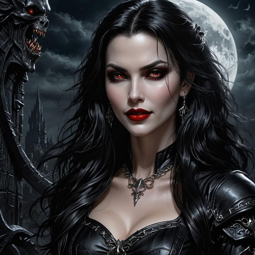 Beautiful Vampire with Fangs in Dark Moonlight