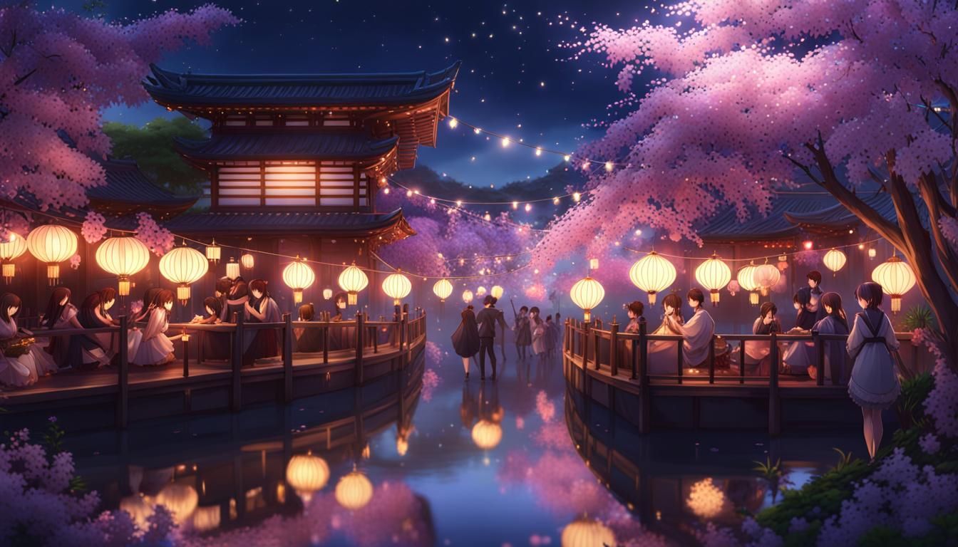 Anime Style River Soirée with Fireworks