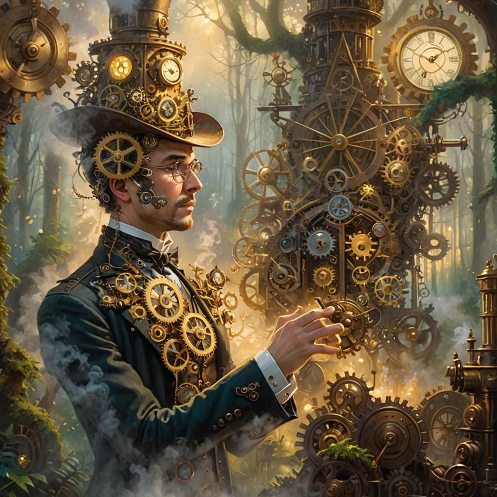 Steampunk Inventor in Mystical Forest, Oil Painting