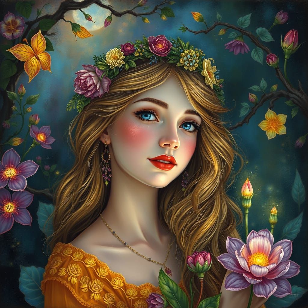 Surreal Tempera Portrait of Enchanted Botanical Garden Curat...