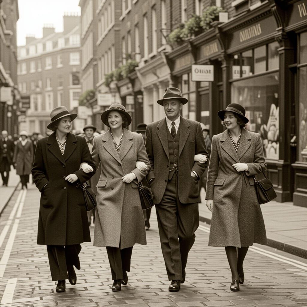 Sepia Tone 1930s London Street Scene With Walking Group