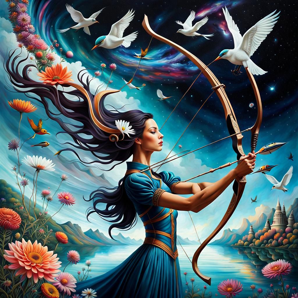 Surrealist Archery Art: Woman Holds Cosmos in Balance