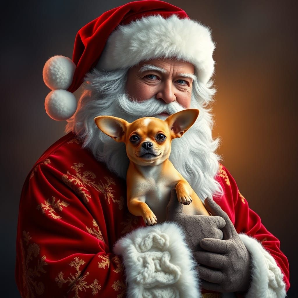 Jolly Santa Claus Holds Caramel-Colored Chihuahua in Luxurio...