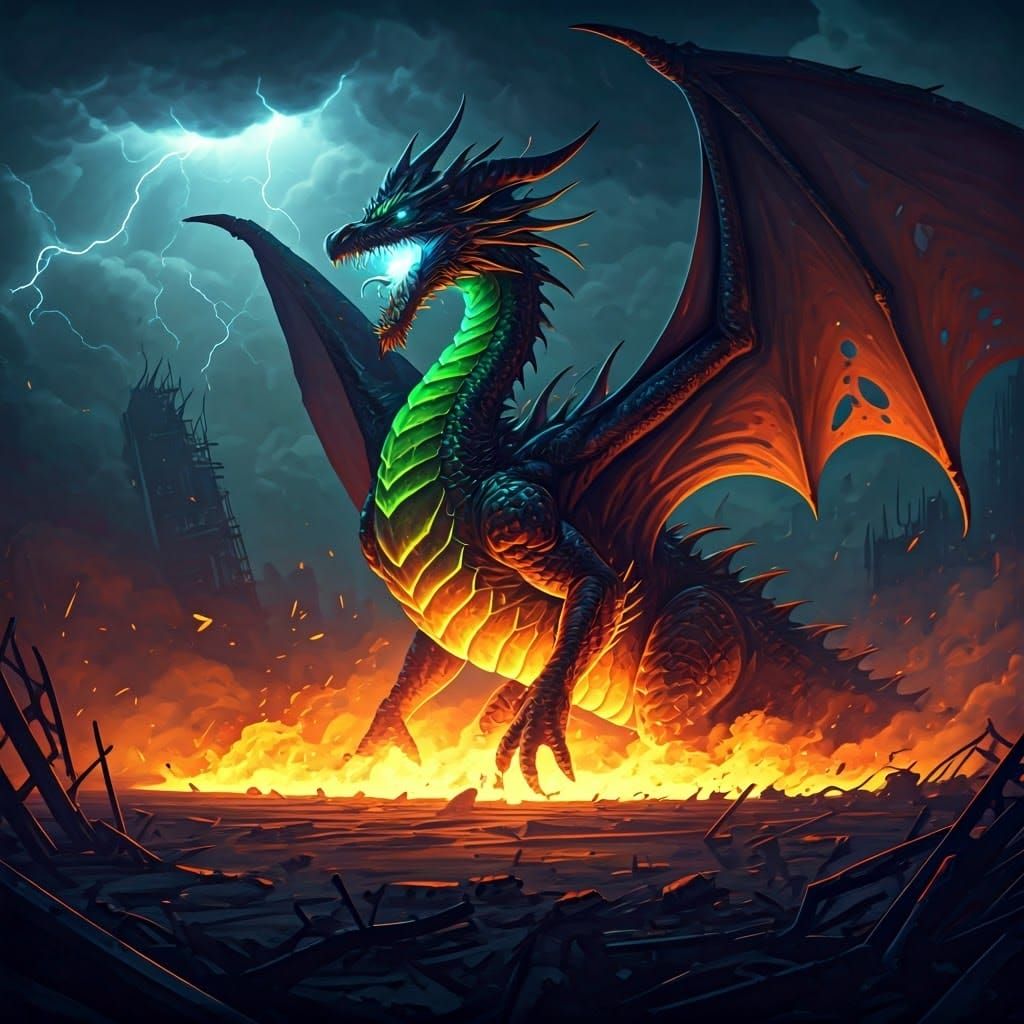 Ethereal Nuclear Dragon in Dystopian Ruins