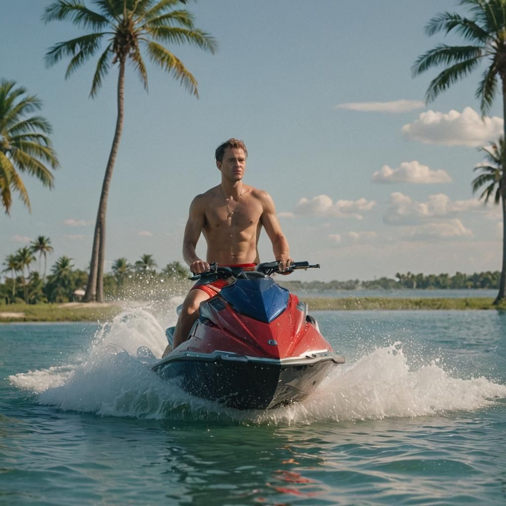 Confident Man on Jet Ski in Tropical Setting