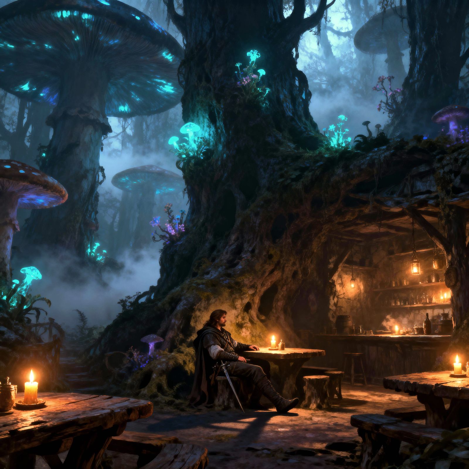 Traveler Rests in Bioluminescent Mushroom Forest Tavern