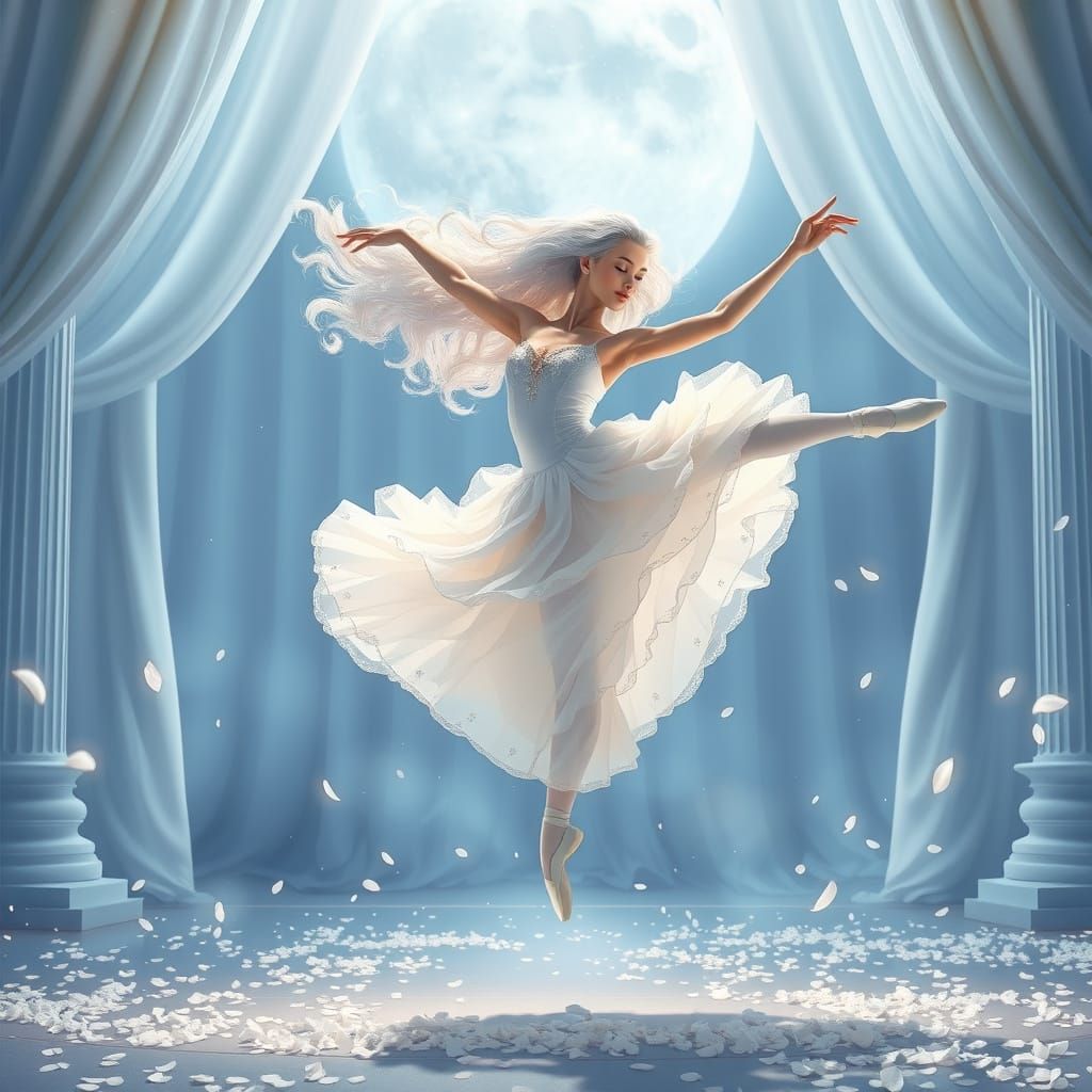 Graceful Ballet Dancer on Moonlit Stage in Anime Style