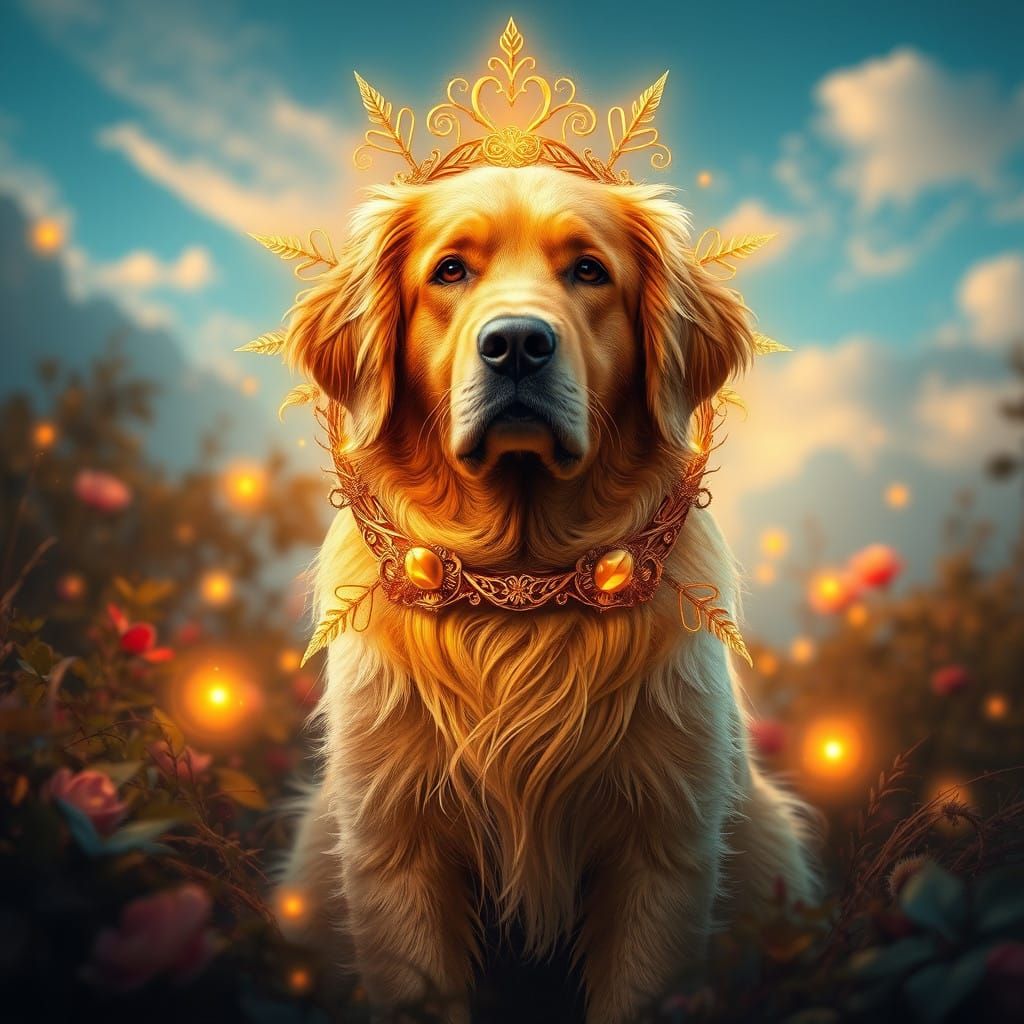 Regal Golden Canine Adorned with Ancient Golden Wreath