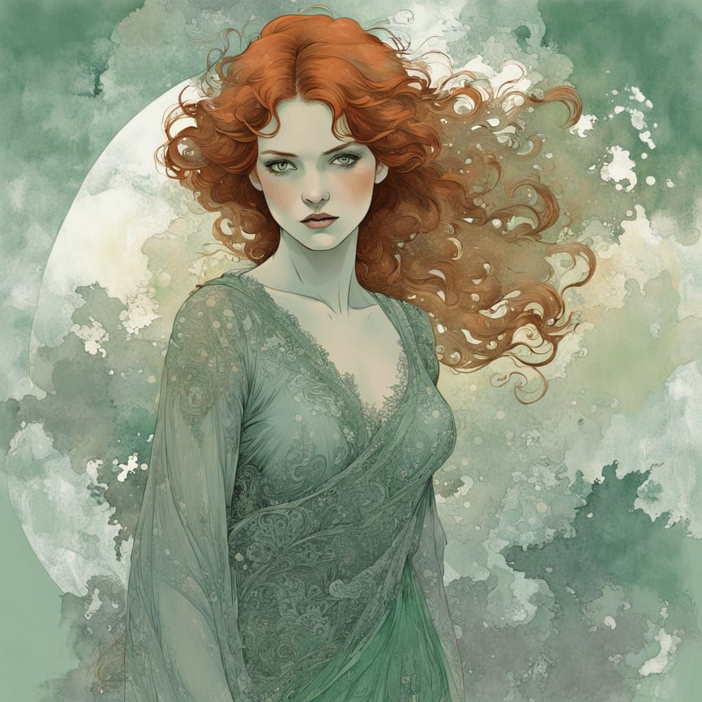 Redhead Woman's Silhouette in Fog, Gradient Colors