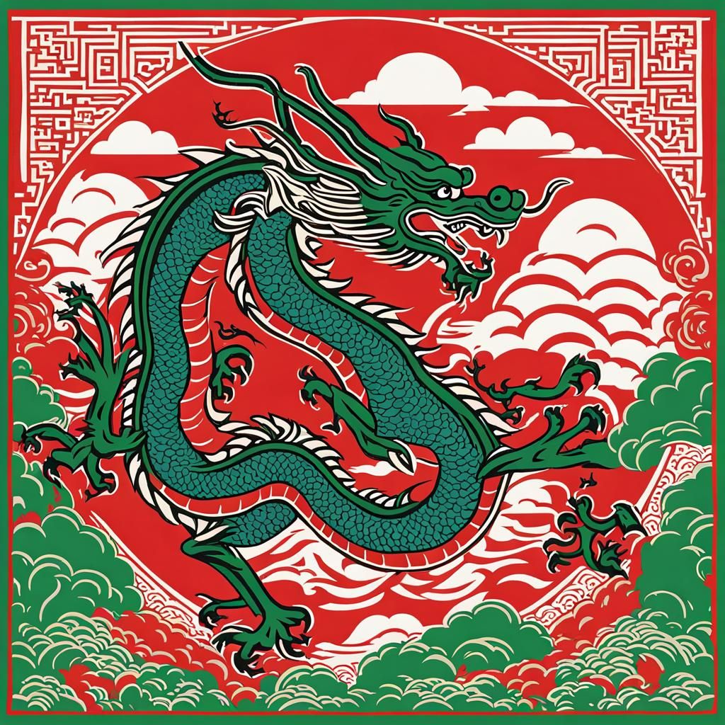 Red Chinese Dragon in Woodblock Print Style