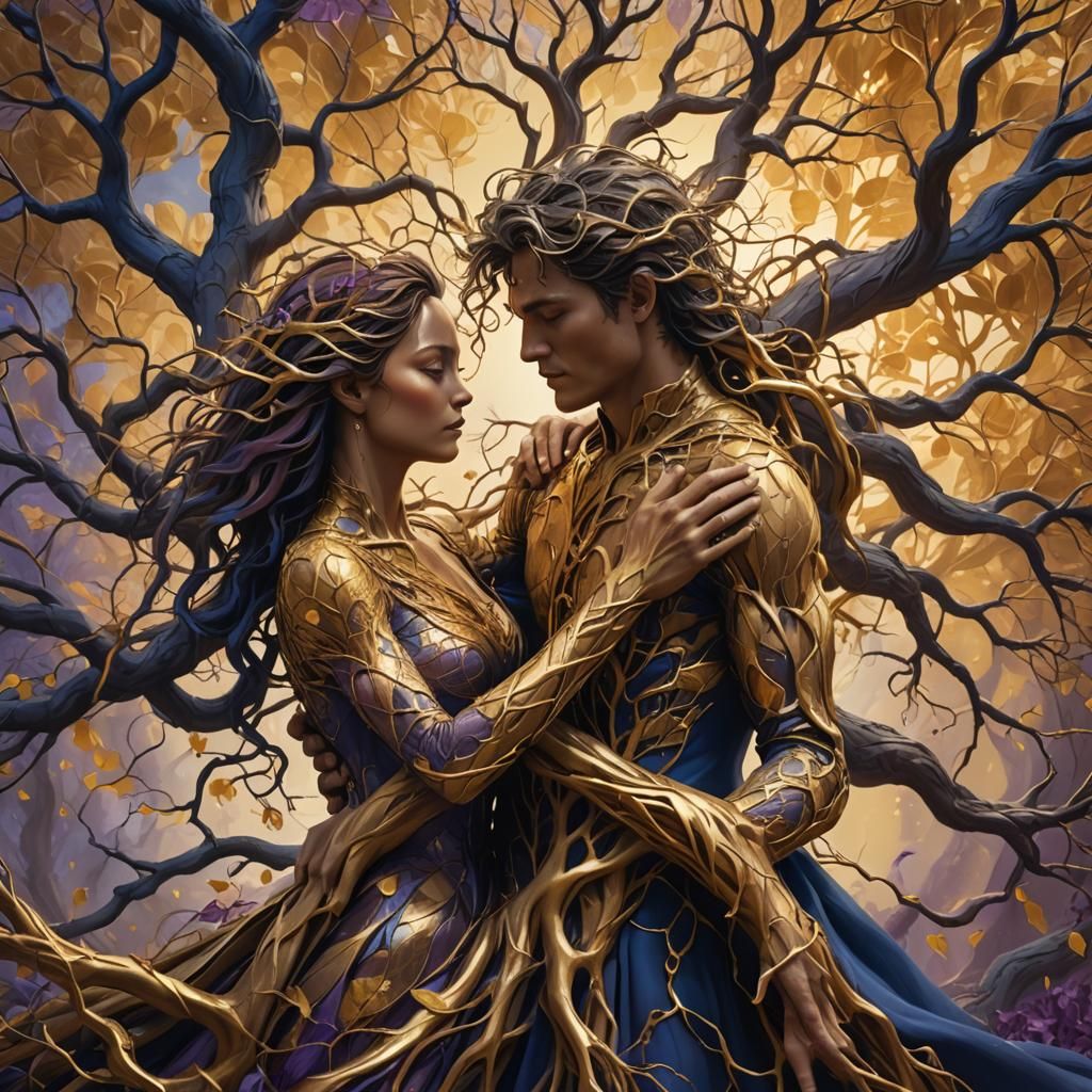 Entwined Figures Become Tree in Golden Light