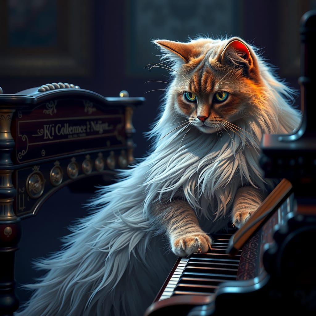 Persian Cat Plays Piano: Detailed Matte Painting