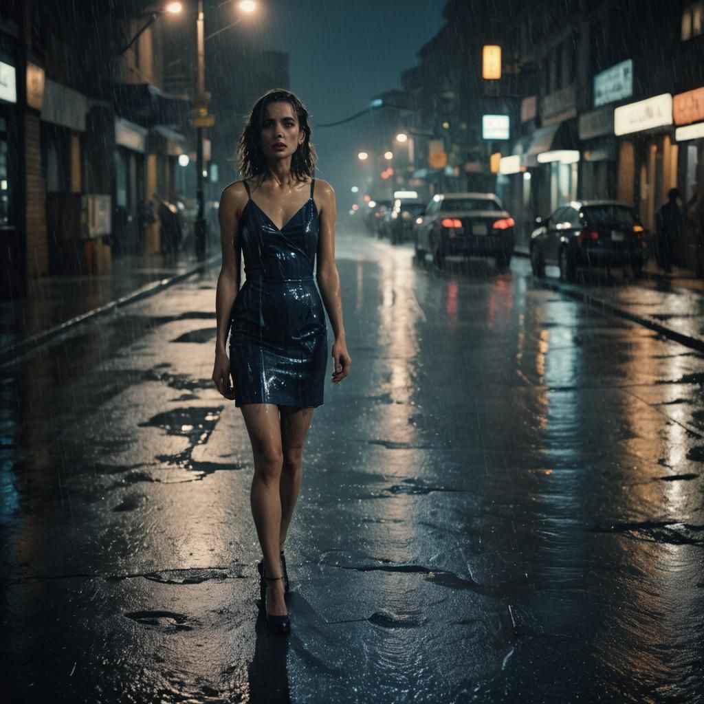 Rainy Night Street Scene in Film Noir Style