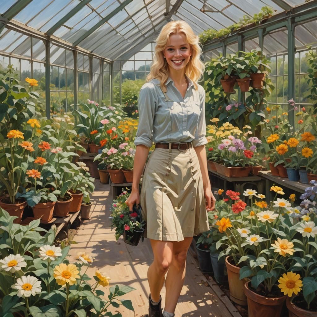 Blond Woman Collecting Flowers: Oil Painting