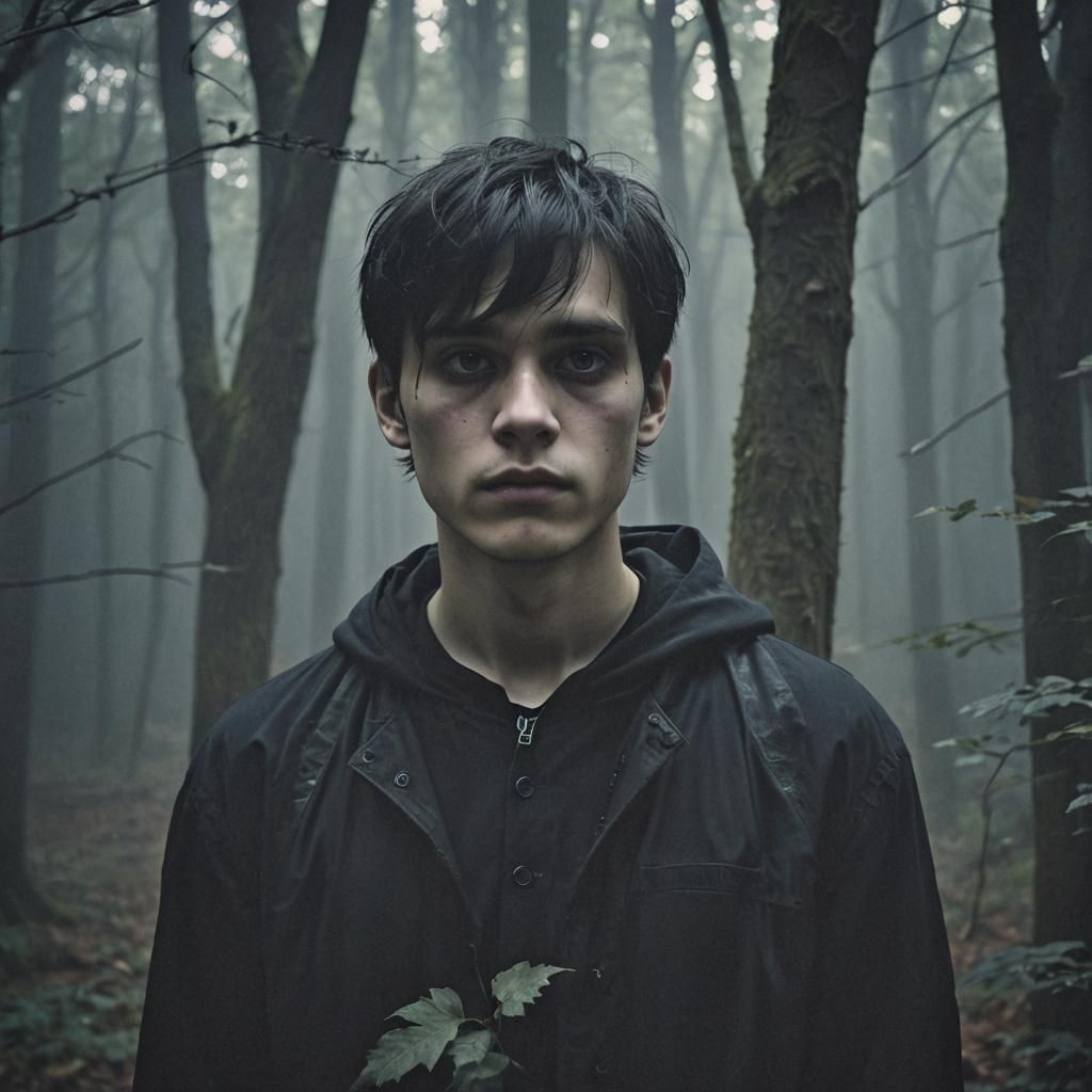 Eerie Gothic Man in Dark Forest