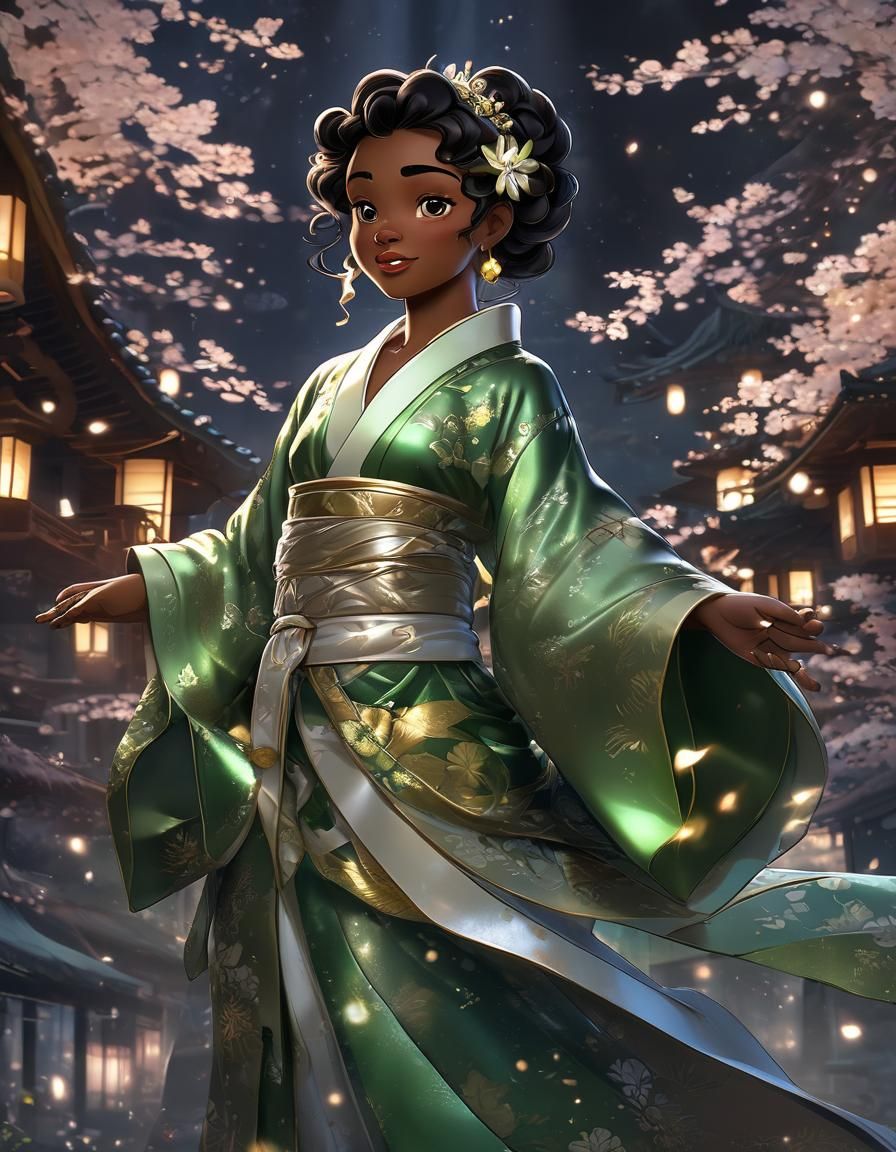Princess Tiana in Metallic Kimono, Anime Style