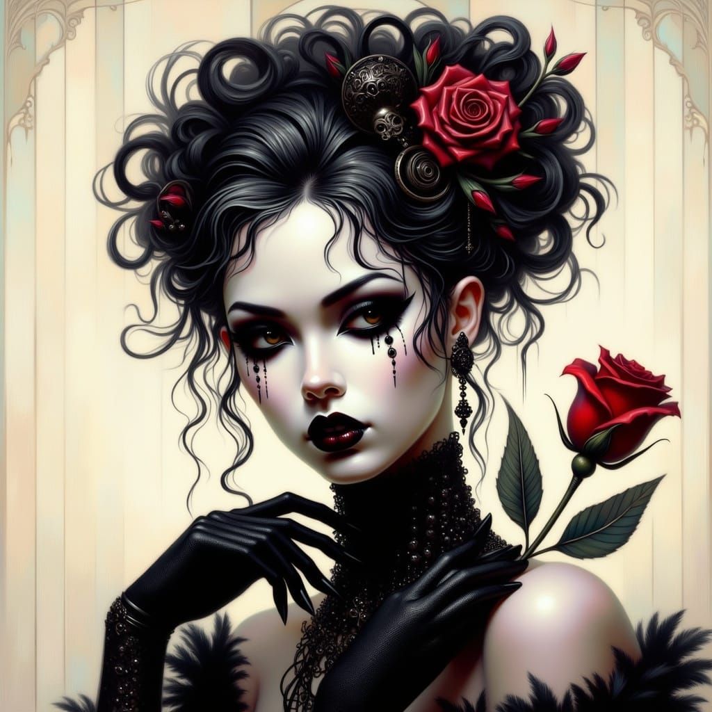 Gothic Woman with Porcelain Skin and Crimson Lips