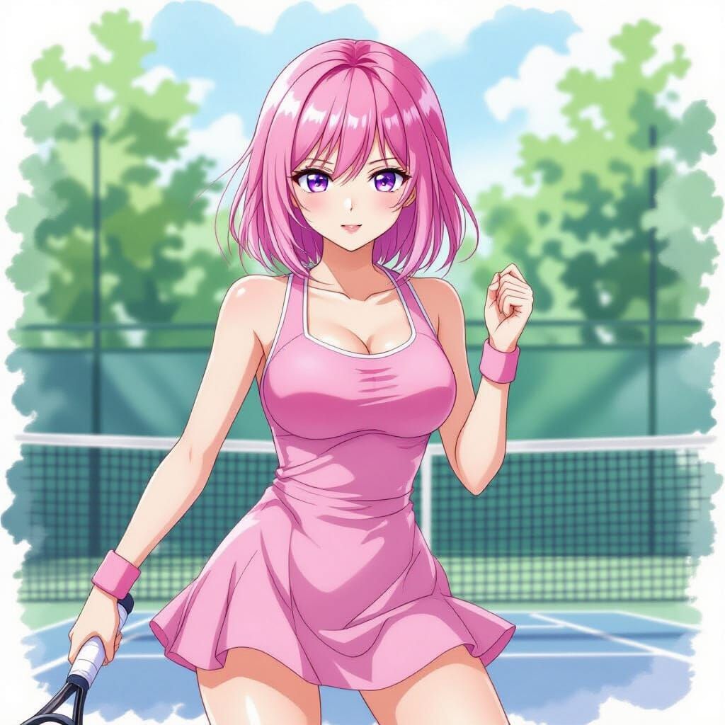 Pink Haired Tennis Player in Watercolor Style
