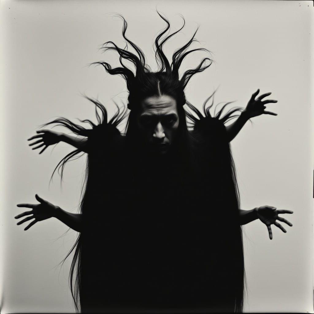 Ethereal Black Hair Emerges from Darkness in Eerie Atmospher...