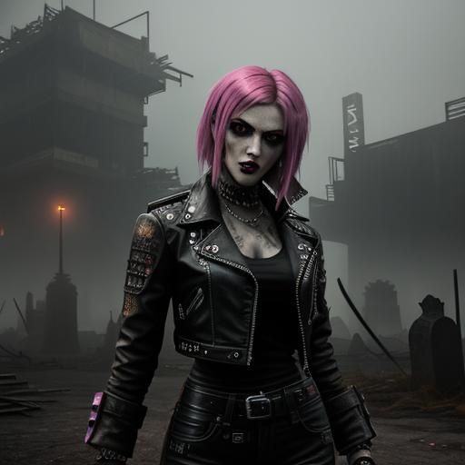 Punk Model in Cyberpunk Sepia Graveyard