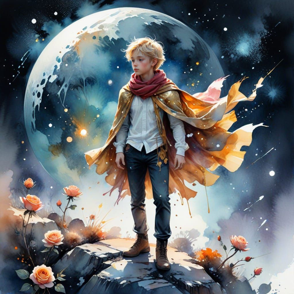 Golden-Haired Prince on Asteroid in Watercolor Style