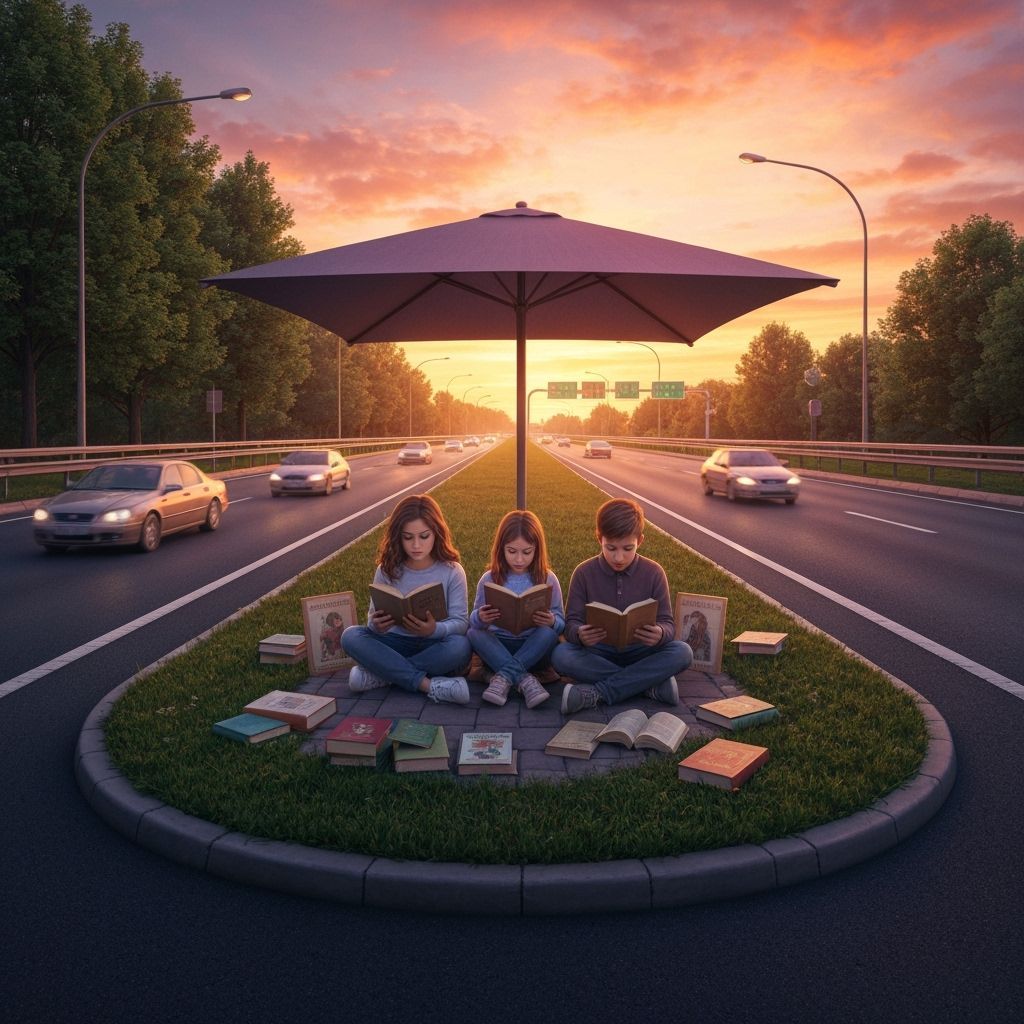 Hyperrealistic Family Reading on Traffic Island at Sunset