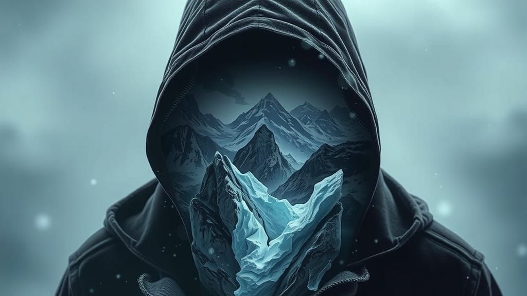 Ethereal Hooded Figure Dissolving into Ice Landscape
