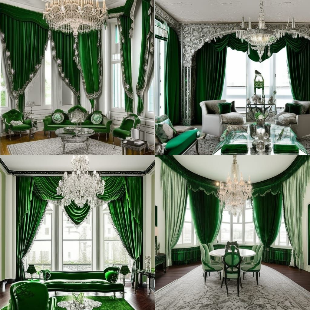 Silver Gothic penthouse with Emerald green frames& Emerald green ceiling with Emerald green chandelier& Silver ethereal ...