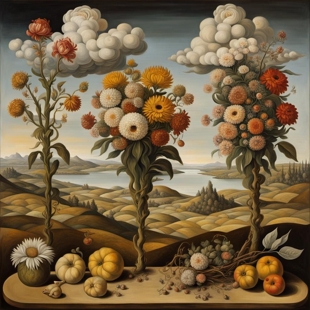 Surreal Landscape with Faded Flowers, Oil Painting Style