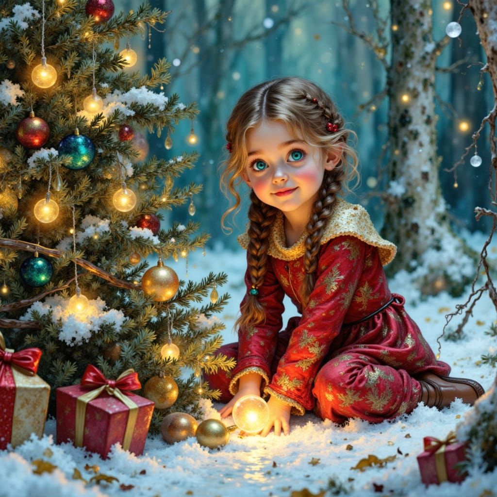 Whimsical Toddler Girl by Snowy Christmas Tree