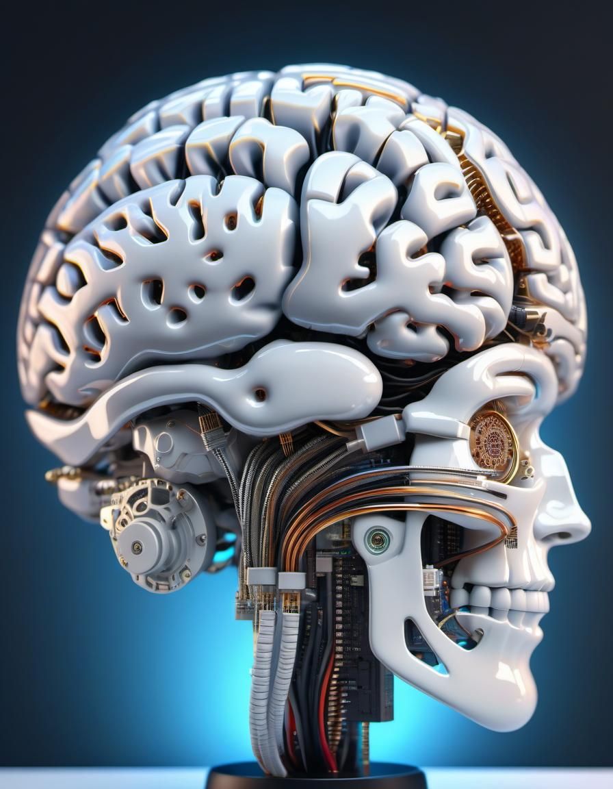 Porcelain Cyberpunk Brain with Robotic Parts in 3D