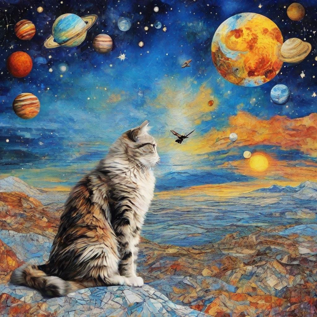 Mystical Paper Collage of Cats in Space