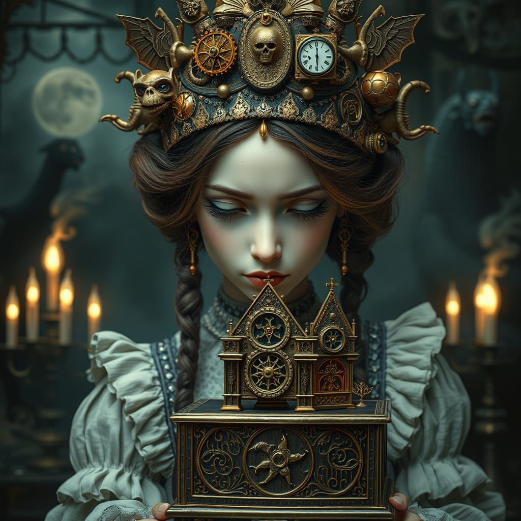 Victorian Steampunk Maiden Contemplates Mechanical Music Box