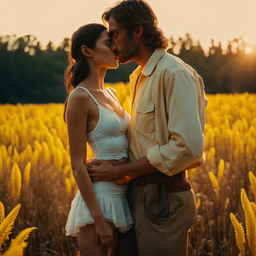 Lovers' Kiss in Golden Field, Cinematic Still
