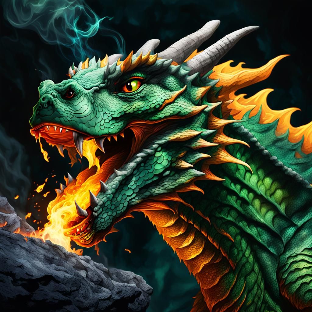 Green Dragon Breathing Fire in Dark Cave